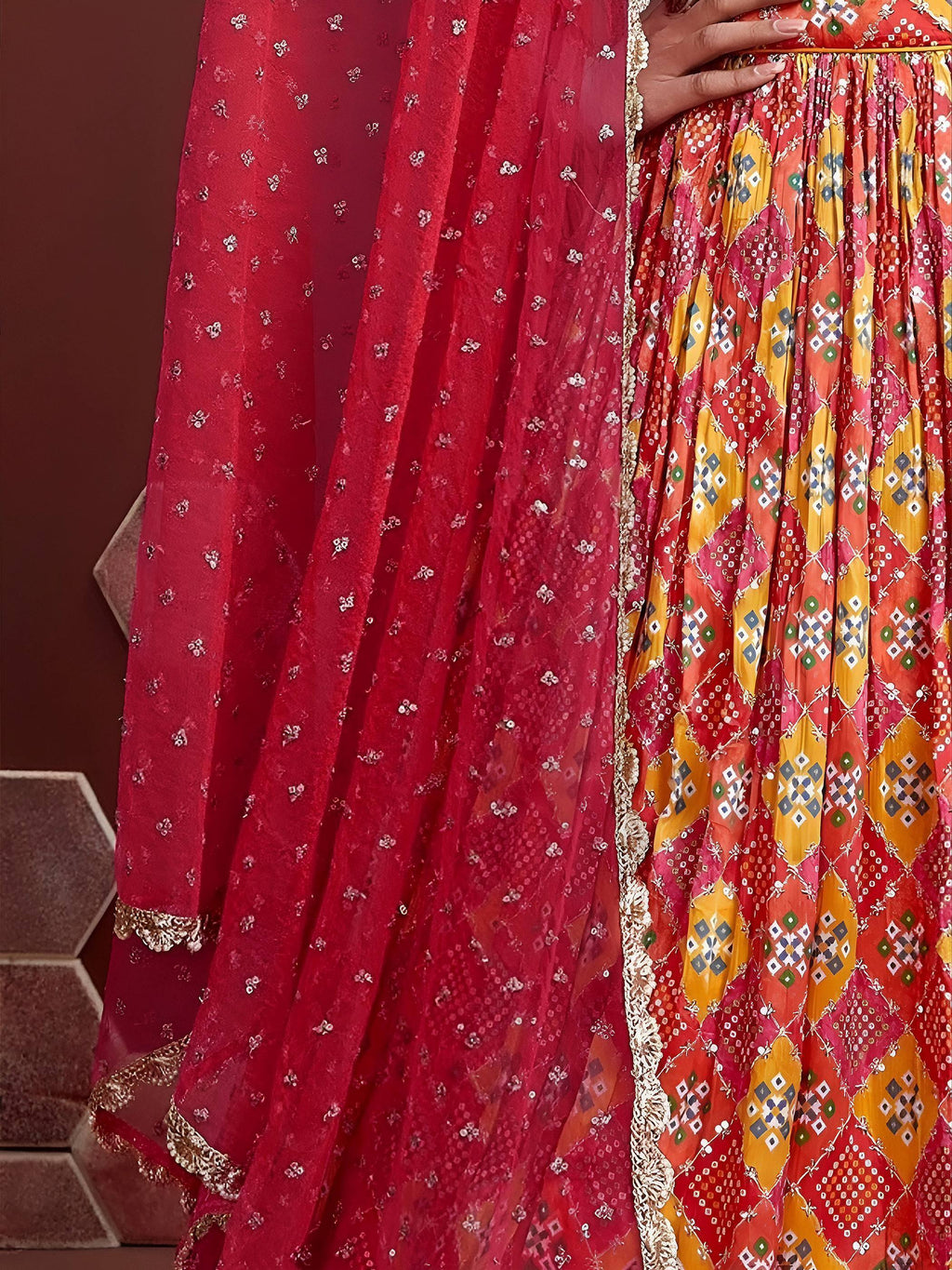 Tulsi Art Glamorous Red Chinon Digital Print Designer Wear Lehenga Choli | Grocsy
