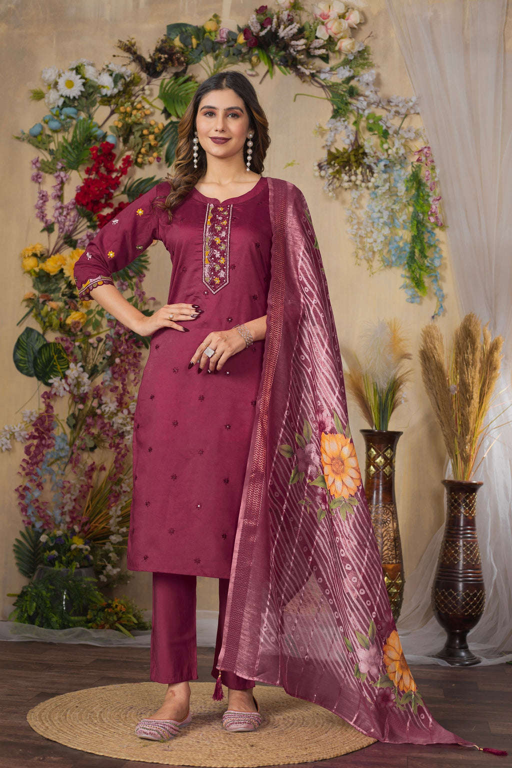 Vedant Vastram Roman Silk Embroidery & Sequence Work Stitched Kurta Pant Dupatta Set-Maroon | Grocsy