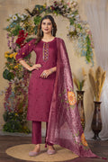Vedant Vastram Roman Silk Embroidery & Sequence Work Stitched Kurta Pant Dupatta Set-Maroon | Grocsy