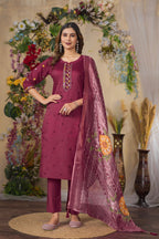 Vedant Vastram Roman Silk Embroidery & Sequence Work Stitched Kurta Pant Dupatta Set-Maroon | Grocsy