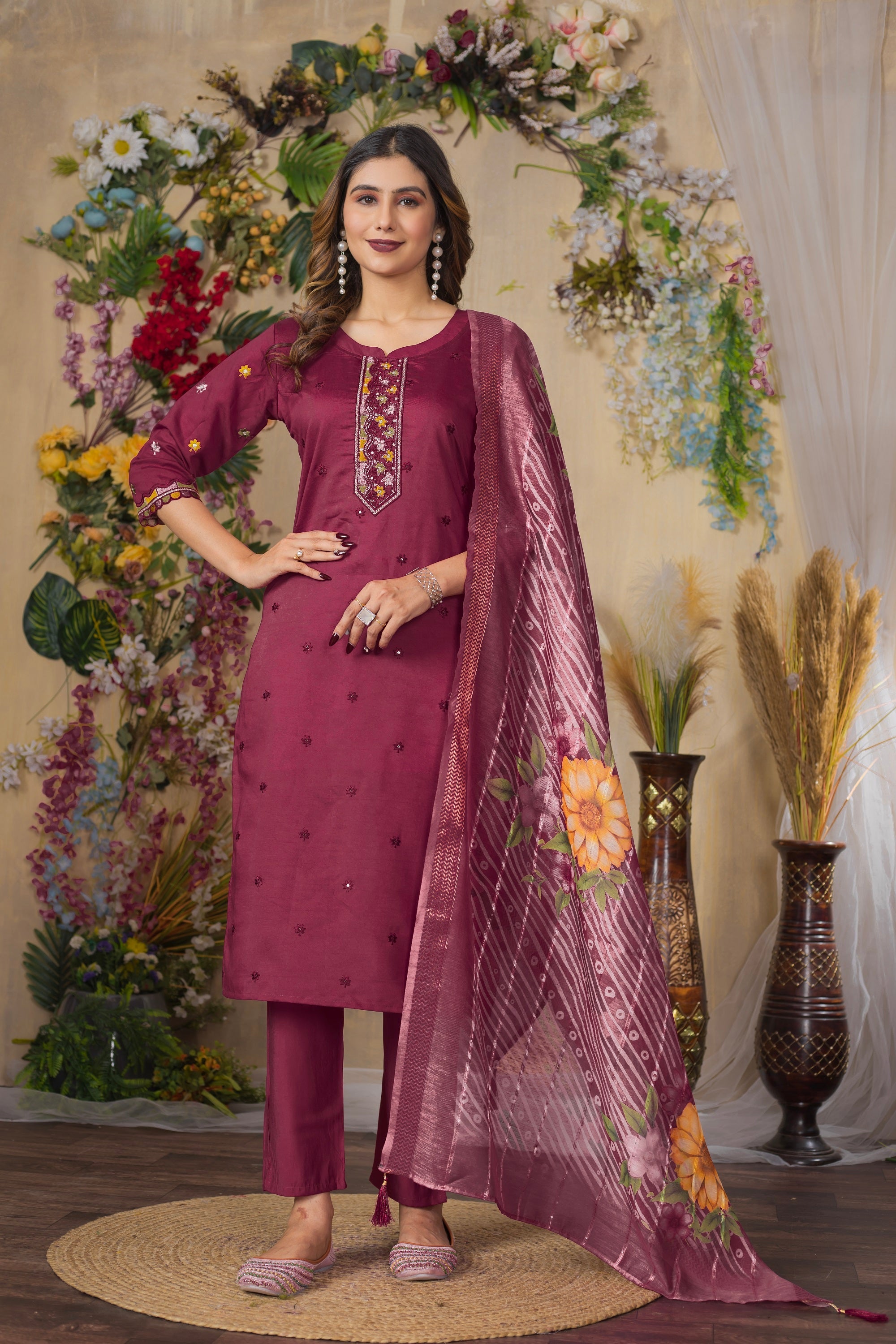 Vedant Vastram Roman Silk Embroidery & Sequence Work Stitched Kurta Pant Dupatta Set-Maroon | Grocsy
