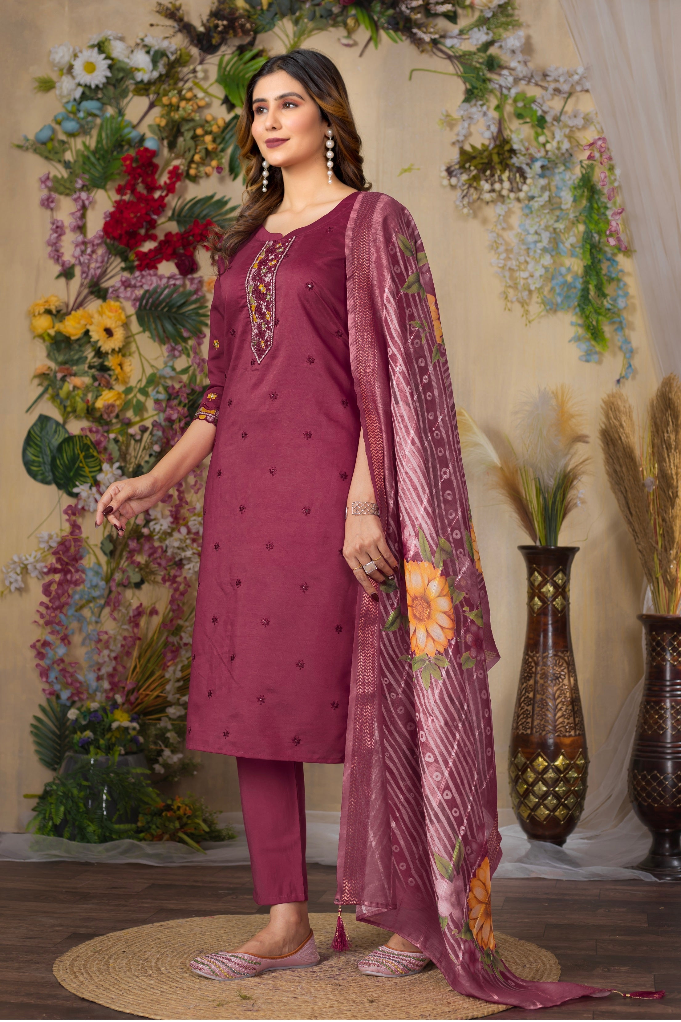 Vedant Vastram Roman Silk Embroidery & Sequence Work Stitched Kurta Pant Dupatta Set-Maroon | Grocsy