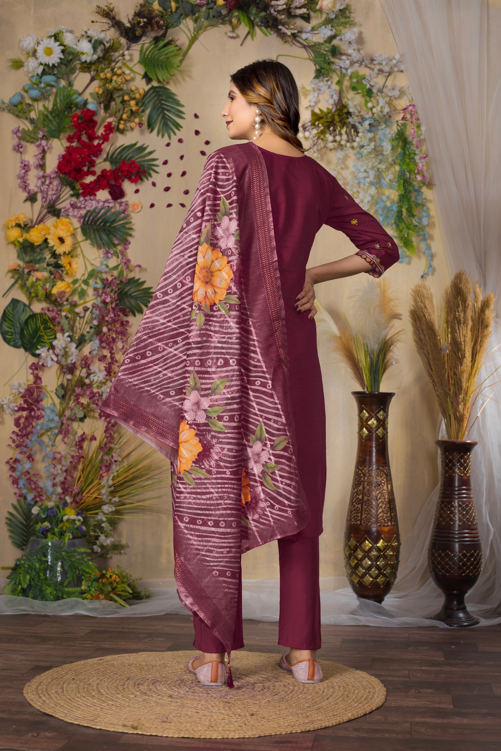 Vedant Vastram Roman Silk Embroidery & Sequence Work Stitched Kurta Pant Dupatta Set-Maroon | Grocsy