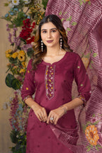 Vedant Vastram Roman Silk Embroidery & Sequence Work Stitched Kurta Pant Dupatta Set-Maroon | Grocsy