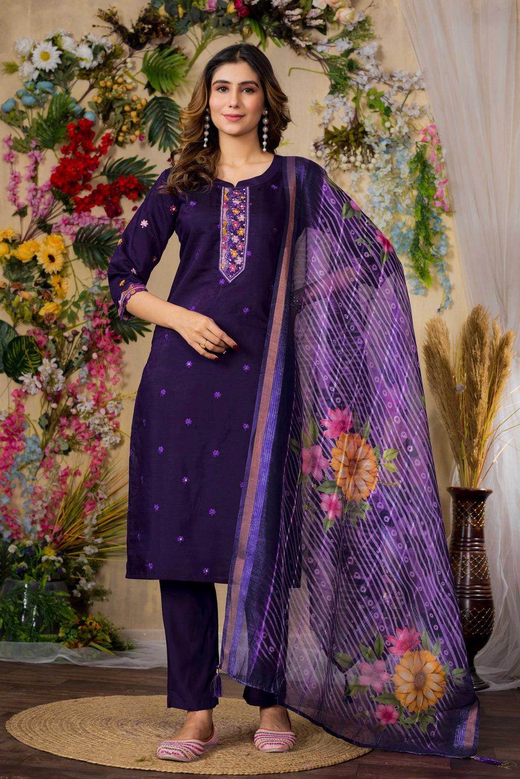 Vedant Vastram Roman Silk Embroidery & Sequence Work Stitched Kurta Pant Dupatta Set-Purple | Grocsy