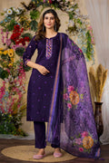 Vedant Vastram Roman Silk Embroidery & Sequence Work Stitched Kurta Pant Dupatta Set-Purple | Grocsy