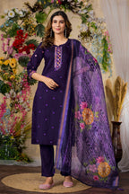 Vedant Vastram Roman Silk Embroidery & Sequence Work Stitched Kurta Pant Dupatta Set-Purple | Grocsy