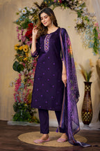 Vedant Vastram Roman Silk Embroidery & Sequence Work Stitched Kurta Pant Dupatta Set-Purple | Grocsy