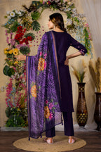 Vedant Vastram Roman Silk Embroidery & Sequence Work Stitched Kurta Pant Dupatta Set-Purple | Grocsy