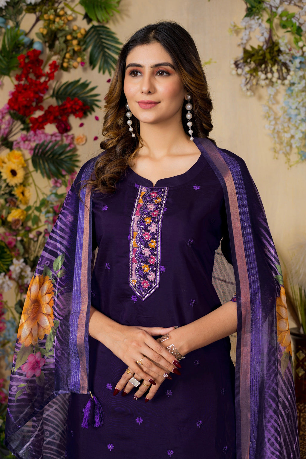 Vedant Vastram Roman Silk Embroidery & Sequence Work Stitched Kurta Pant Dupatta Set-Purple | Grocsy
