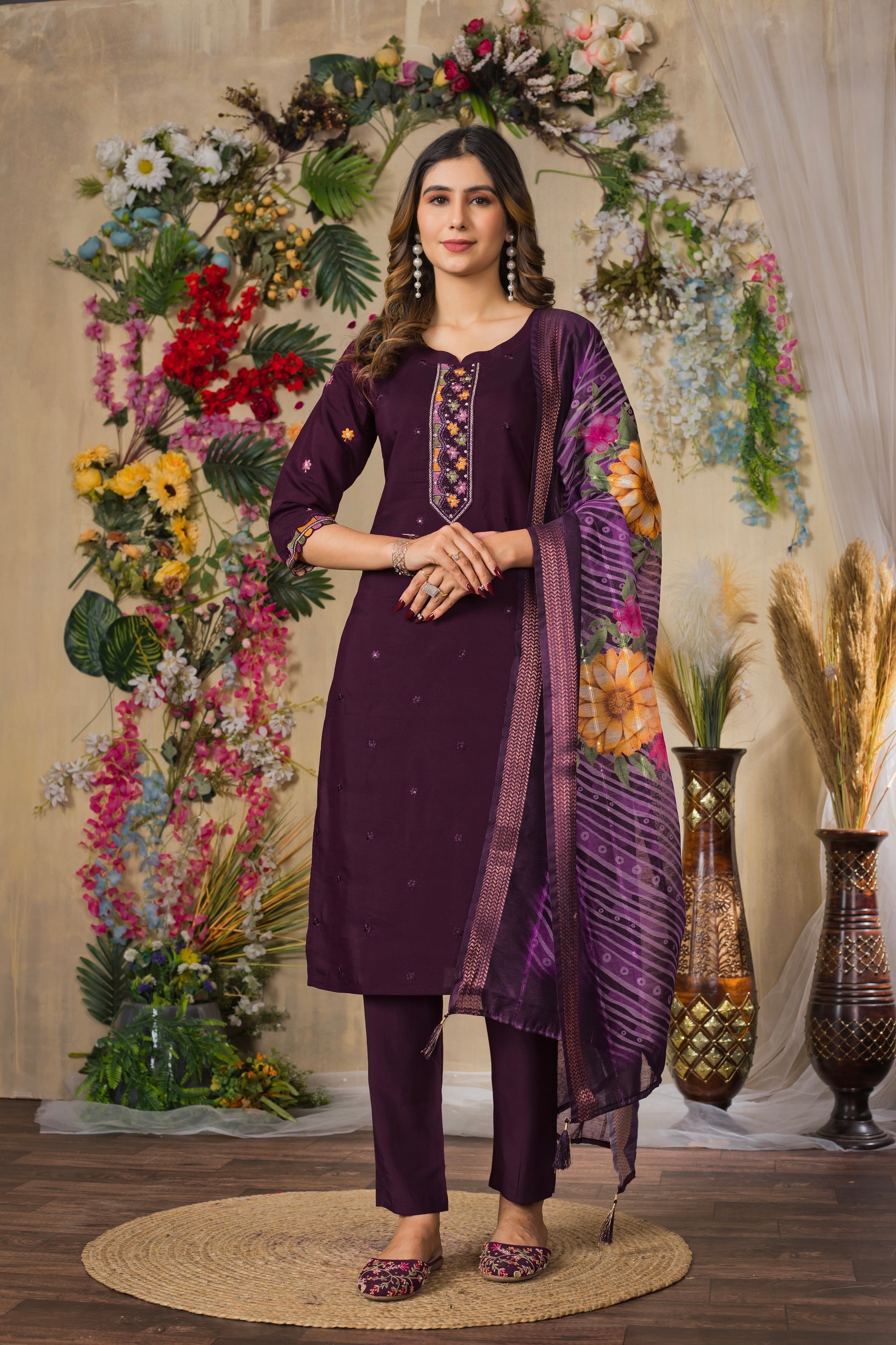 Vedant Vastram Roman Silk Embroidery & Sequence Work Stitched Kurta Pant Dupatta Set-Wine | Grocsy
