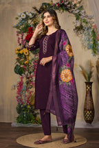 Vedant Vastram Roman Silk Embroidery & Sequence Work Stitched Kurta Pant Dupatta Set-Wine | Grocsy