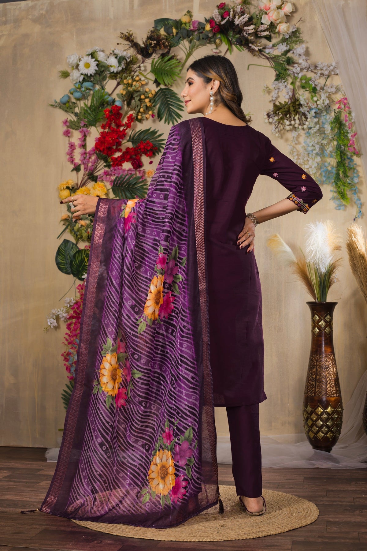 Vedant Vastram Roman Silk Embroidery & Sequence Work Stitched Kurta Pant Dupatta Set-Wine | Grocsy