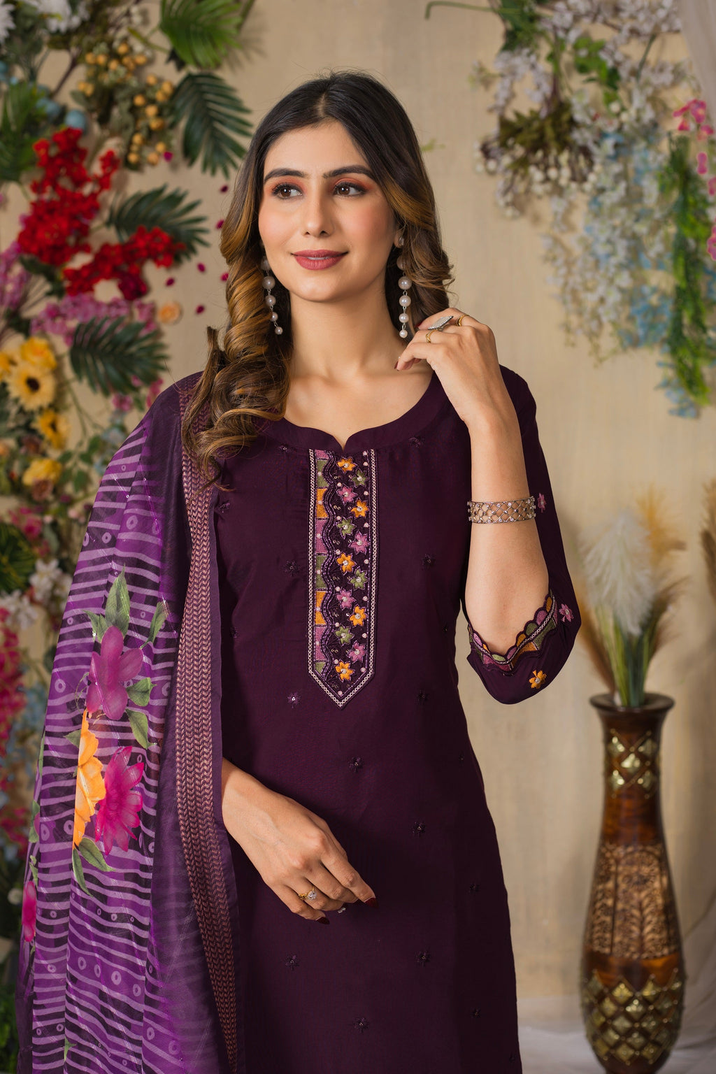 Vedant Vastram Roman Silk Embroidery & Sequence Work Stitched Kurta Pant Dupatta Set-Wine | Grocsy