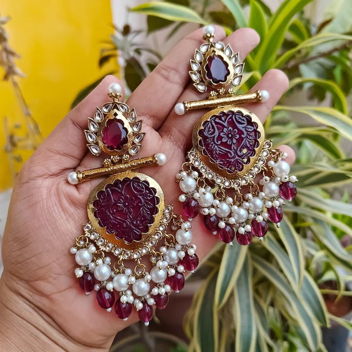 Tehzeeb Creations Latest Gold Polish Kundan & Pearl Studded Designer Drop Long Earrings For Women And Girls Maroon | Grocsy
