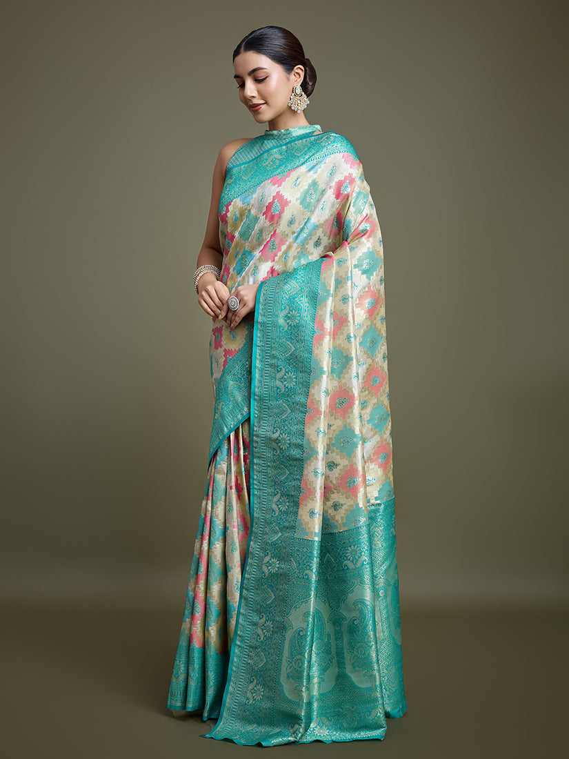 Monjolika Fashion Glamour And Tradition With This Zari Woven Turquoise And Cream Banarasi Silk Saree | Grocsy