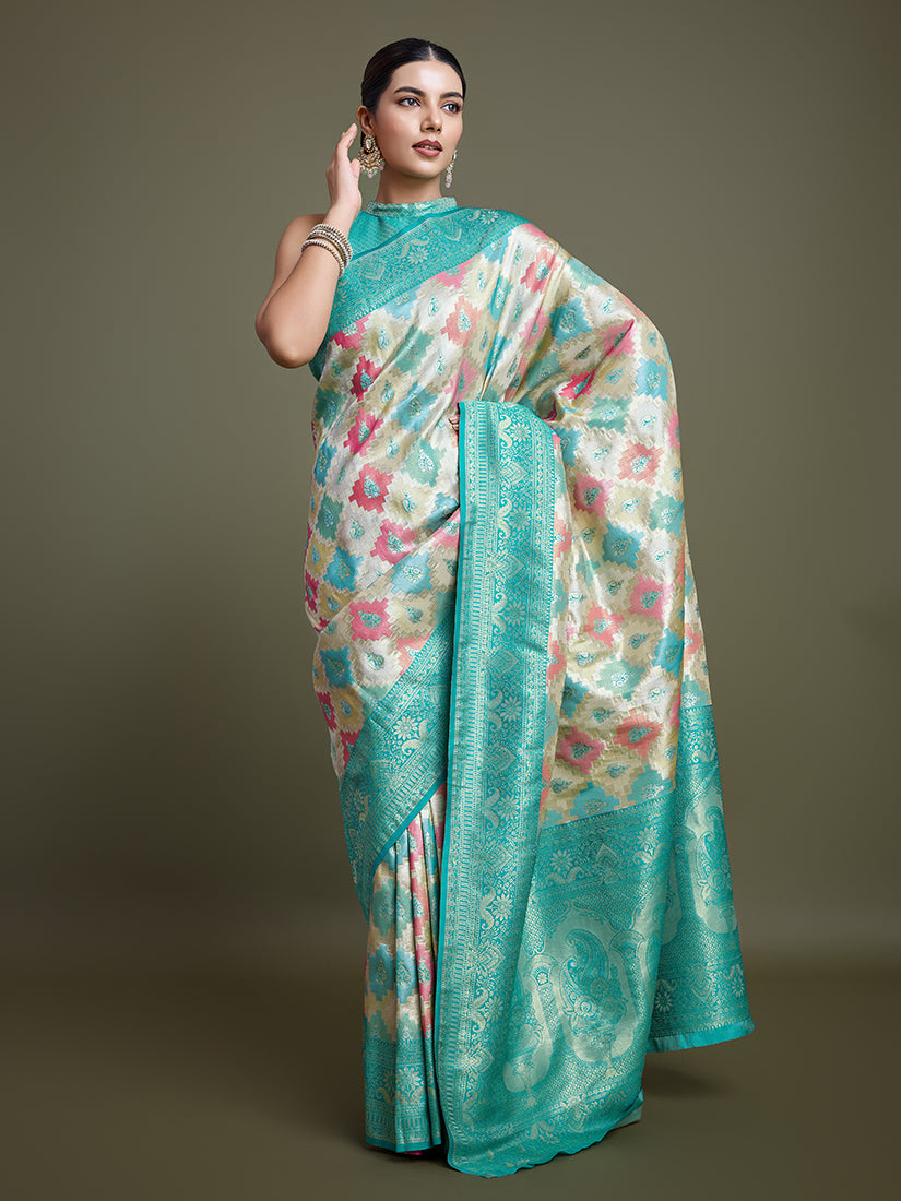 Monjolika Fashion Glamour And Tradition With This Zari Woven Turquoise And Cream Banarasi Silk Saree | Grocsy