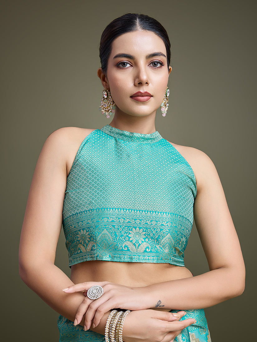 Monjolika Fashion Glamour And Tradition With This Zari Woven Turquoise And Cream Banarasi Silk Saree | Grocsy