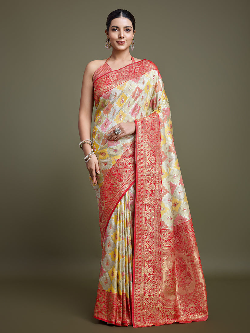 Monjolika Fashion Glamour And Tradition With This Zari Woven Red And Cream Banarasi Silk Saree | Grocsy