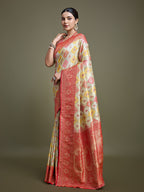 Monjolika Fashion Glamour And Tradition With This Zari Woven Red And Cream Banarasi Silk Saree | Grocsy