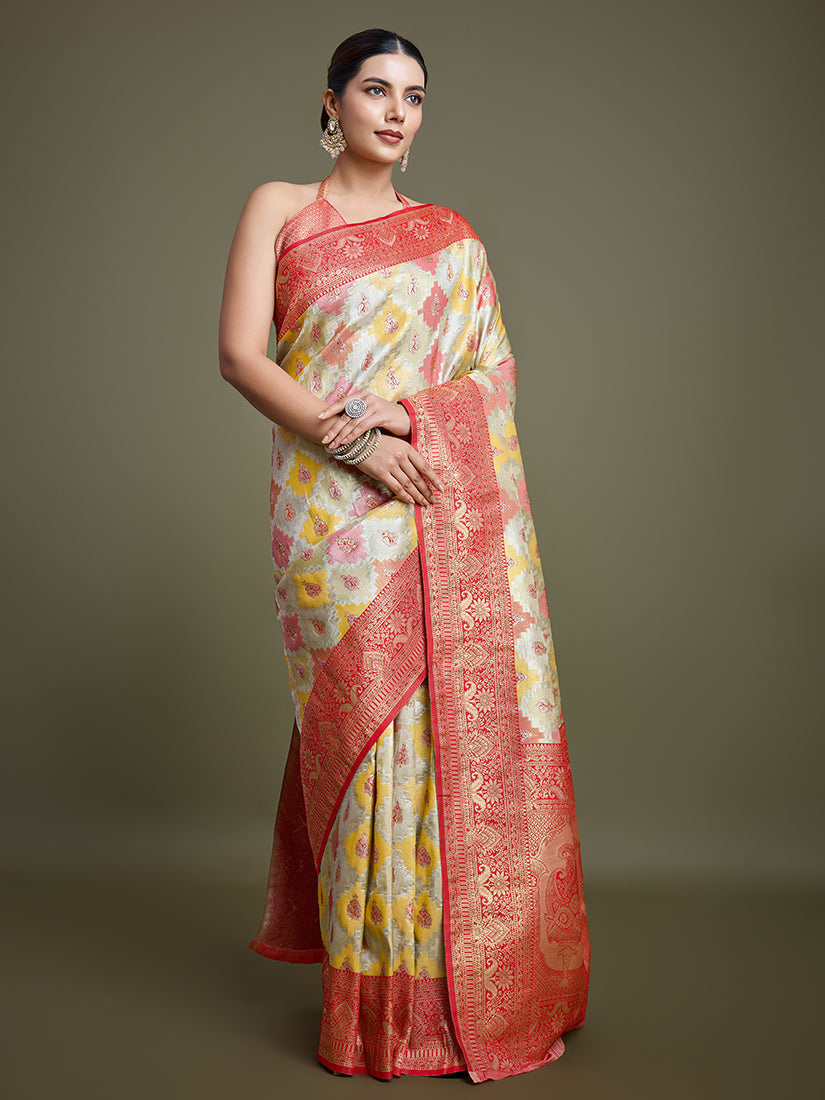 Monjolika Fashion Glamour And Tradition With This Zari Woven Red And Cream Banarasi Silk Saree | Grocsy