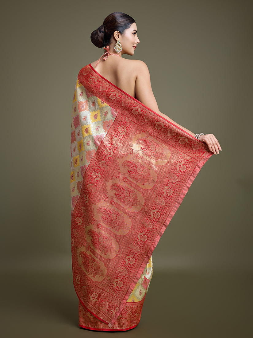 Monjolika Fashion Glamour And Tradition With This Zari Woven Red And Cream Banarasi Silk Saree | Grocsy