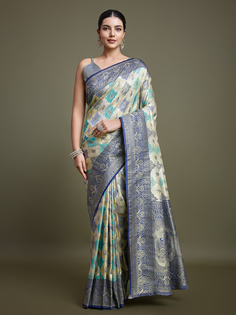 Monjolika Fashion Glamour And Tradition With This Zari Woven Navy Blue And Cream Banarasi Silk Saree | Grocsy