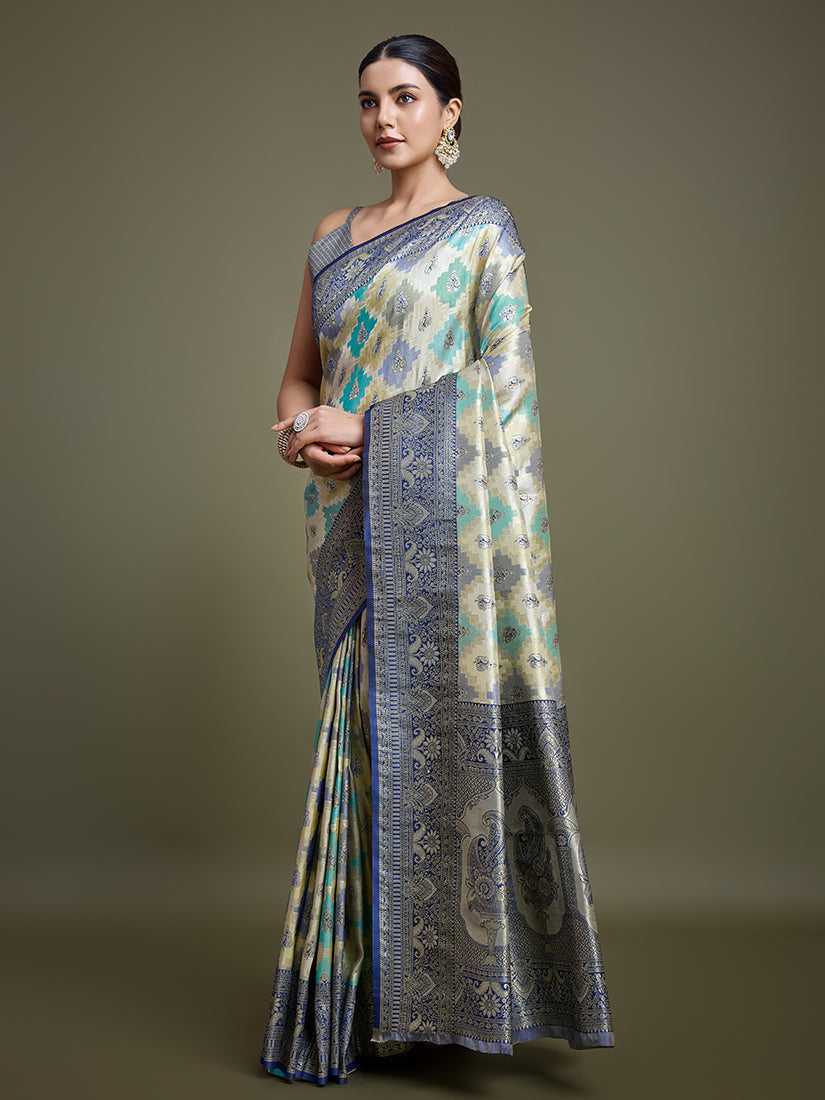 Monjolika Fashion Glamour And Tradition With This Zari Woven Navy Blue And Cream Banarasi Silk Saree | Grocsy