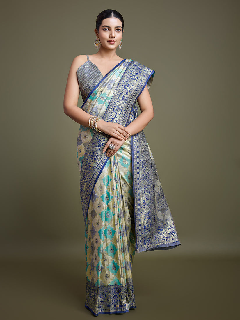 Monjolika Fashion Glamour And Tradition With This Zari Woven Navy Blue And Cream Banarasi Silk Saree | Grocsy
