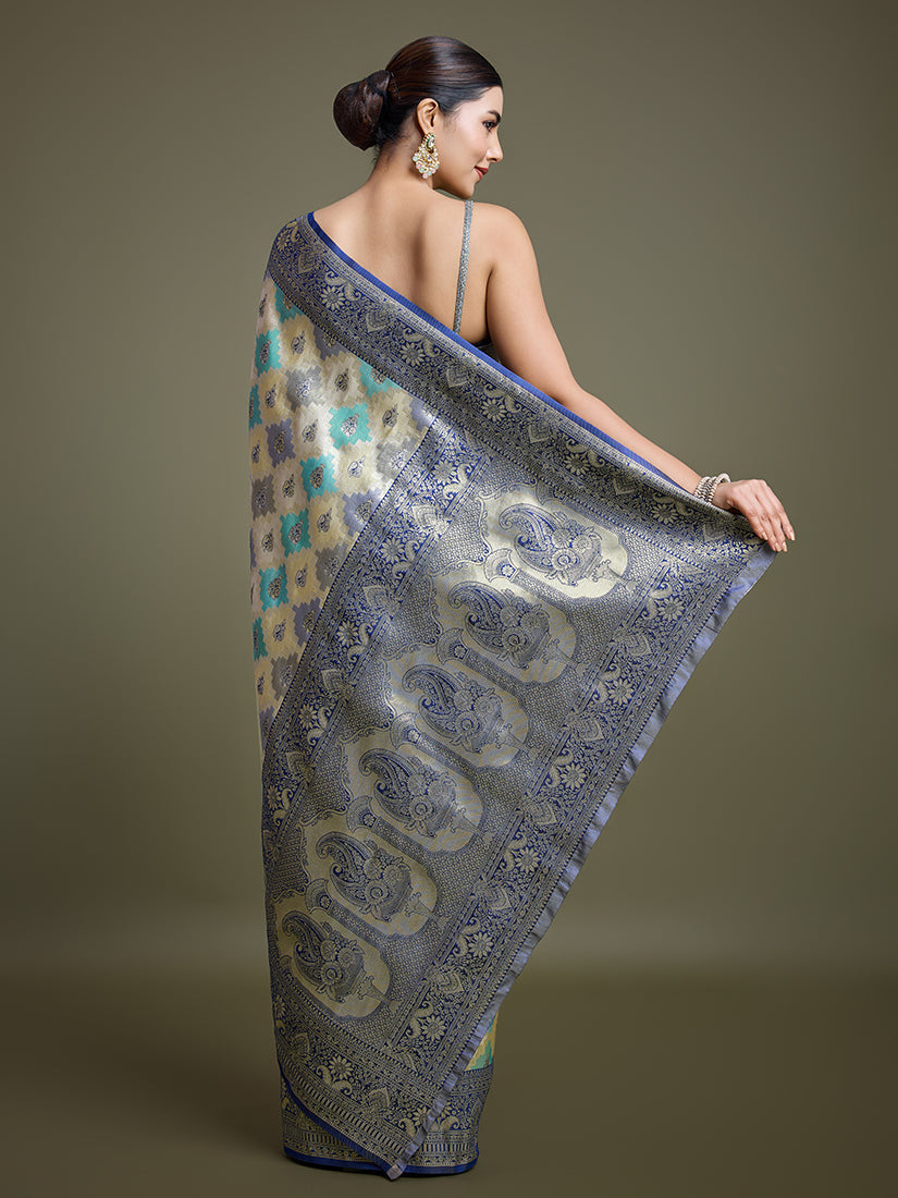 Monjolika Fashion Glamour And Tradition With This Zari Woven Navy Blue And Cream Banarasi Silk Saree | Grocsy