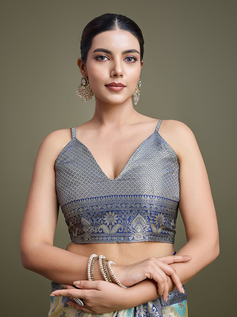Monjolika Fashion Glamour And Tradition With This Zari Woven Navy Blue And Cream Banarasi Silk Saree | Grocsy