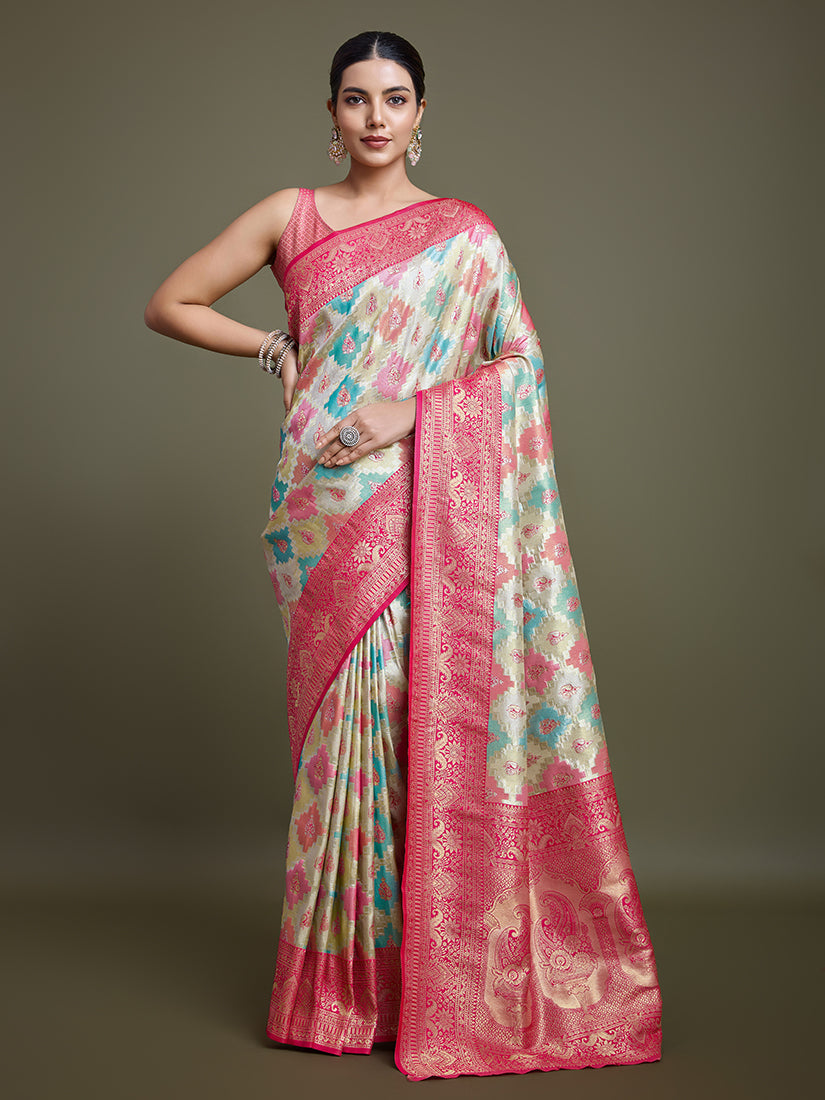 Monjolika Fashion Glamour And Tradition With This Zari Woven Pink And Cream Banarasi Silk Saree | Grocsy