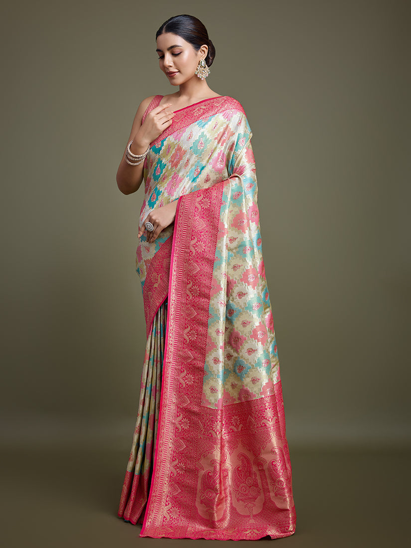 Monjolika Fashion Glamour And Tradition With This Zari Woven Pink And Cream Banarasi Silk Saree | Grocsy