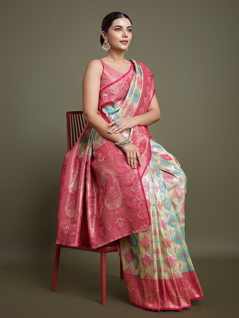 Monjolika Fashion Glamour And Tradition With This Zari Woven Pink And Cream Banarasi Silk Saree | Grocsy