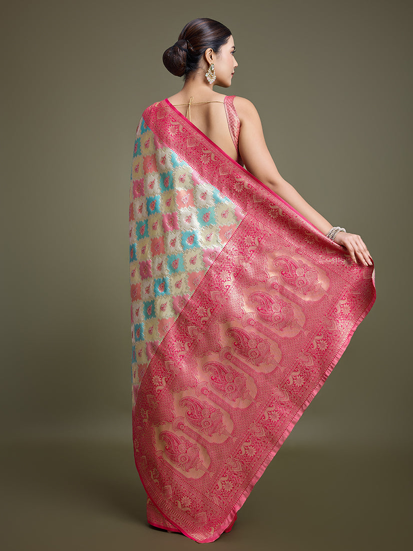 Monjolika Fashion Glamour And Tradition With This Zari Woven Pink And Cream Banarasi Silk Saree | Grocsy