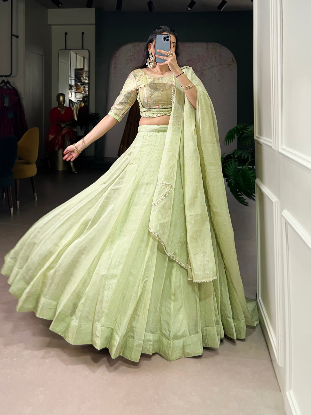 Lorenvalley Fashion Pista Crush Silk Plain Lehenga Choli with Dupatta | Grocsy