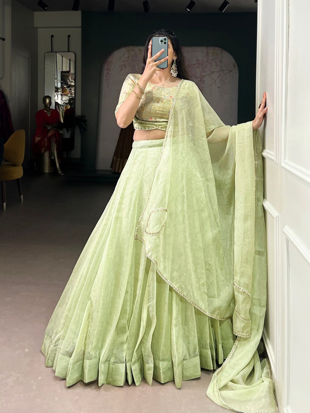 Lorenvalley Fashion Pista Crush Silk Plain Lehenga Choli with Dupatta | Grocsy