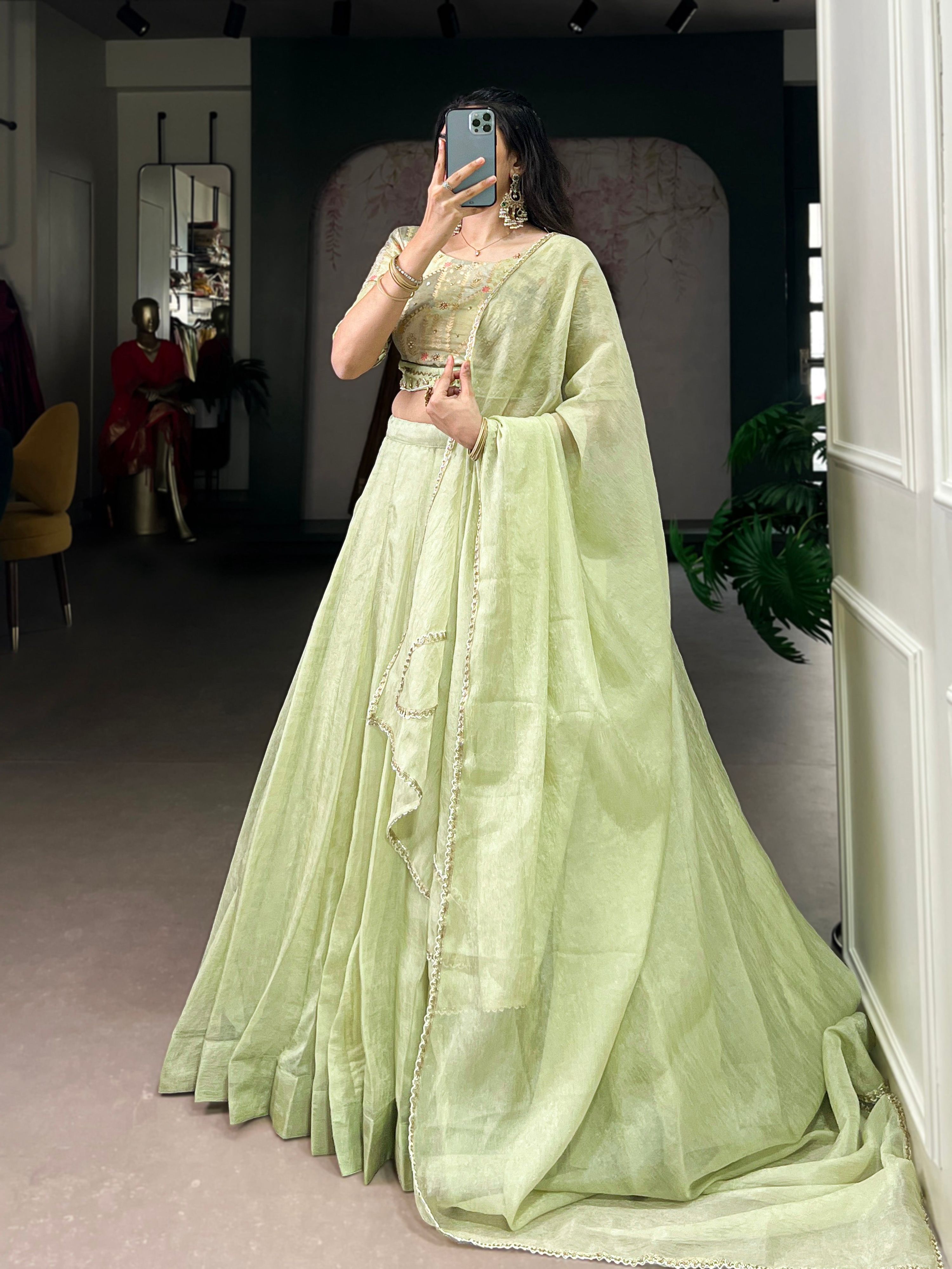 Lorenvalley Fashion Pista Crush Silk Plain Lehenga Choli with Dupatta | Grocsy