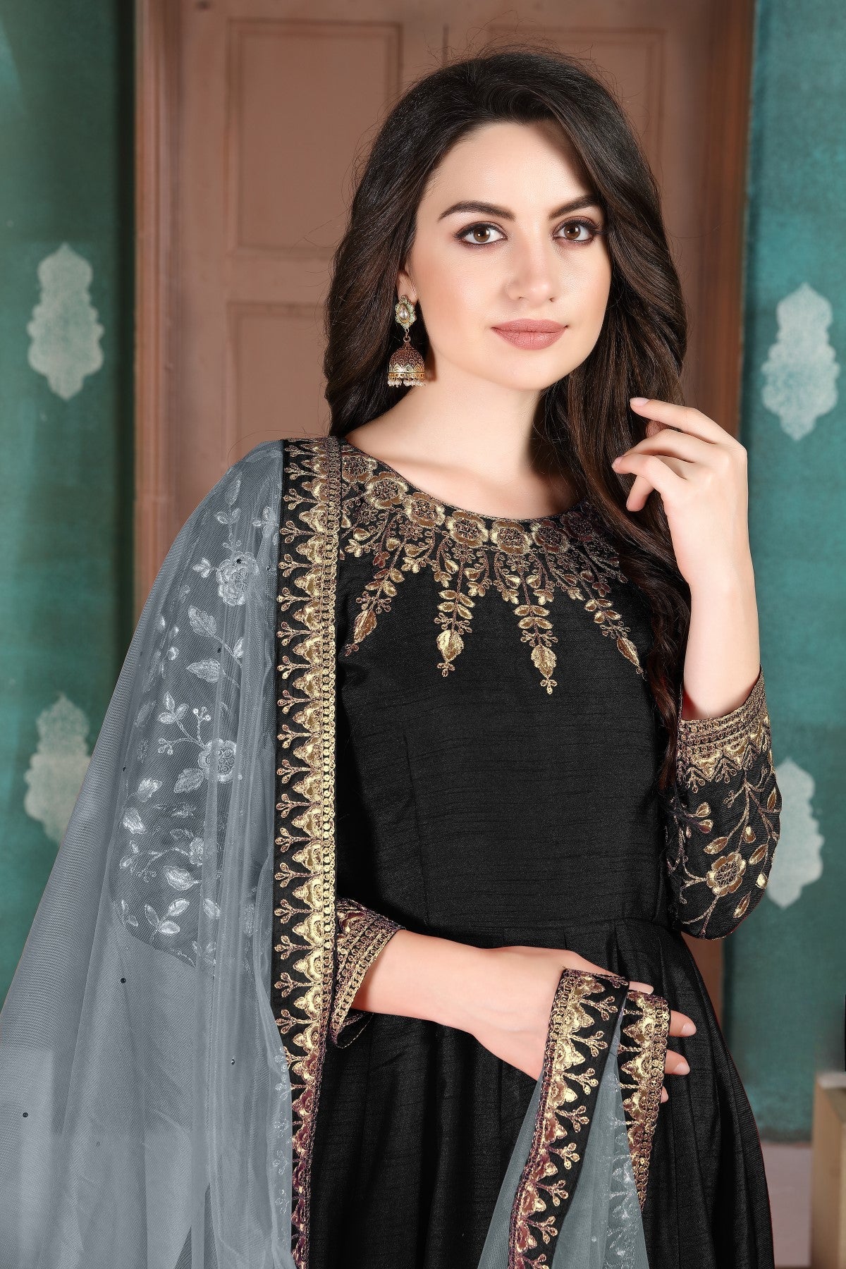 Anaita Black Embroidered Adda Silk Anarkali Suit | Grocsy