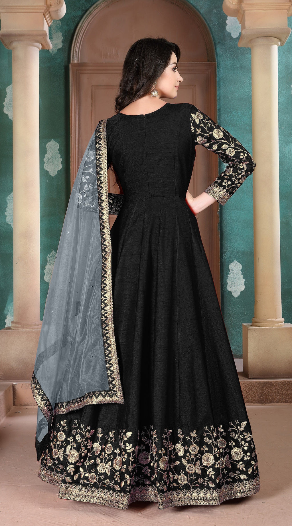 Anaita Black Embroidered Adda Silk Anarkali Suit | Grocsy