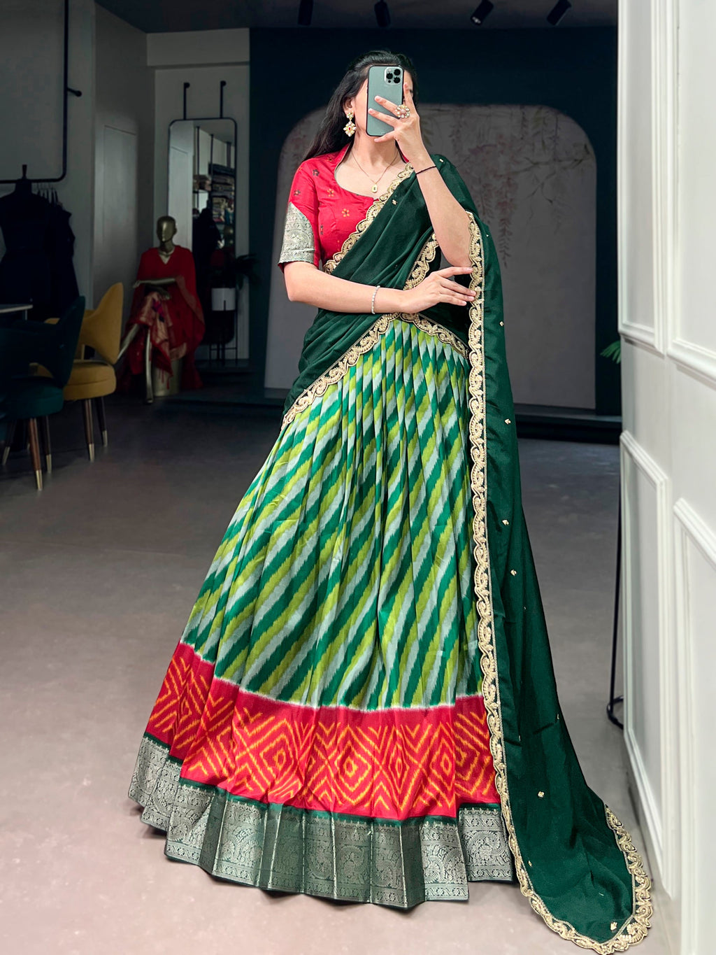 Lorenvalley Fashion Multicolor Tasar Silk Leheriya Print With Zari Weaving Work Lehenga Choli With Dupatta | Grocsy