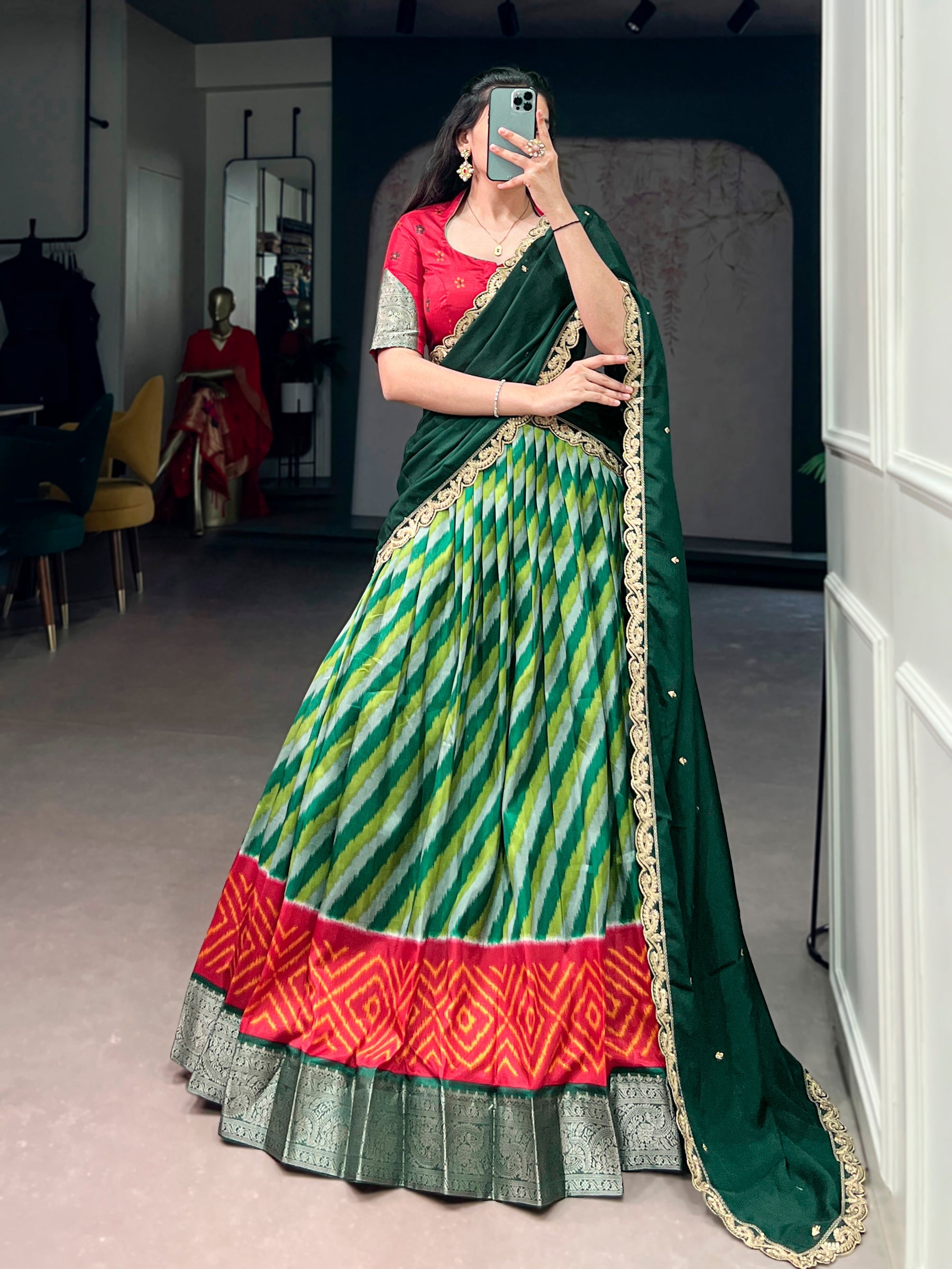 Lorenvalley Fashion Multicolor Tasar Silk Leheriya Print With Zari Weaving Work Lehenga Choli With Dupatta | Grocsy
