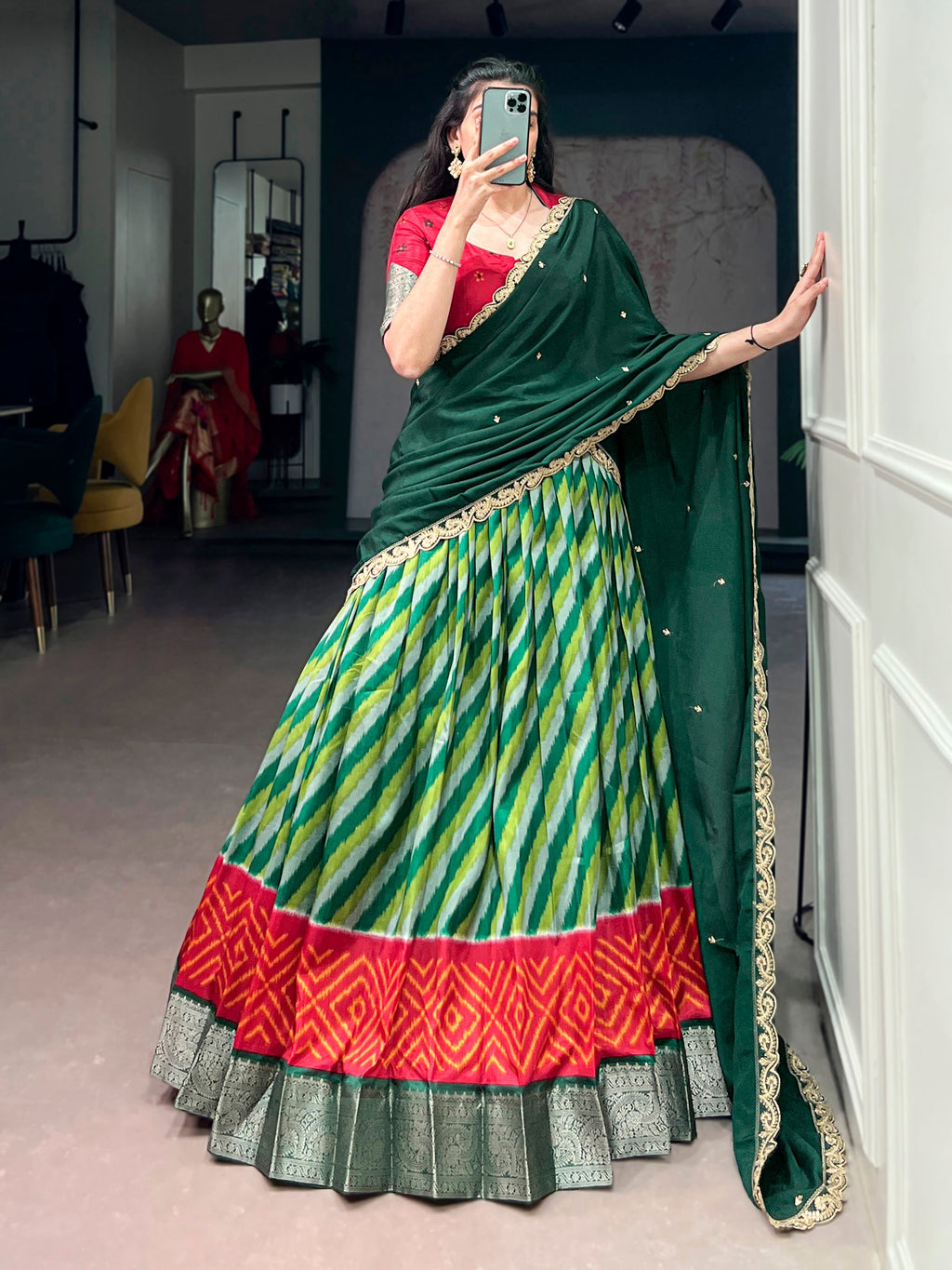 Lorenvalley Fashion Multicolor Tasar Silk Leheriya Print With Zari Weaving Work Lehenga Choli With Dupatta | Grocsy