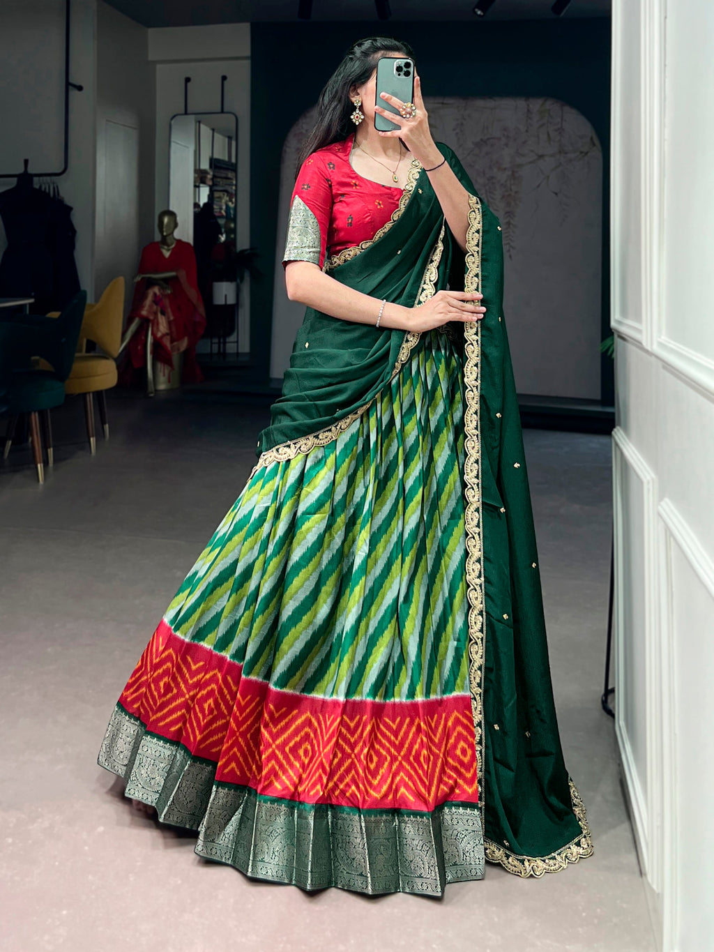 Lorenvalley Fashion Multicolor Tasar Silk Leheriya Print With Zari Weaving Work Lehenga Choli With Dupatta | Grocsy