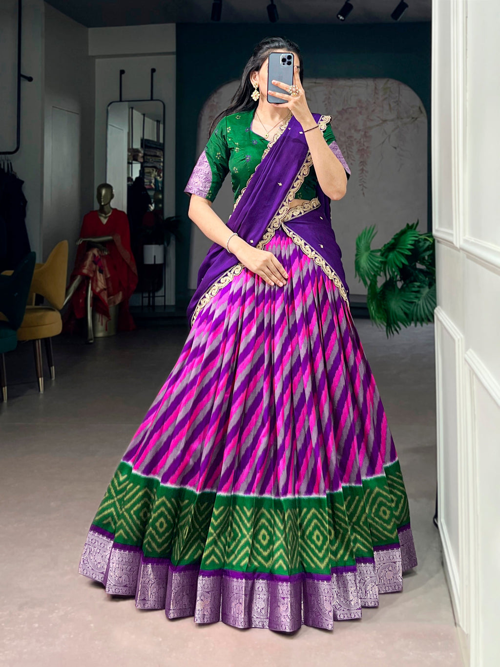 Lorenvalley Fashion Multicolor Tasar Silk Leheriya Print With Zari Weaving Work Lehenga Choli With Dupatta | Grocsy