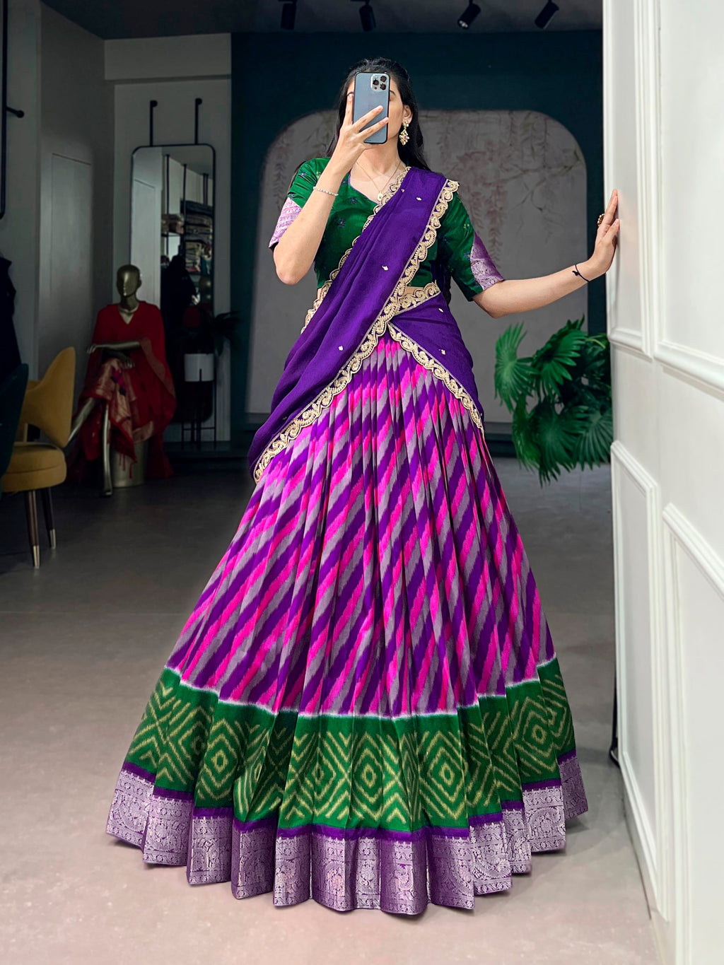 Lorenvalley Fashion Multicolor Tasar Silk Leheriya Print With Zari Weaving Work Lehenga Choli With Dupatta | Grocsy