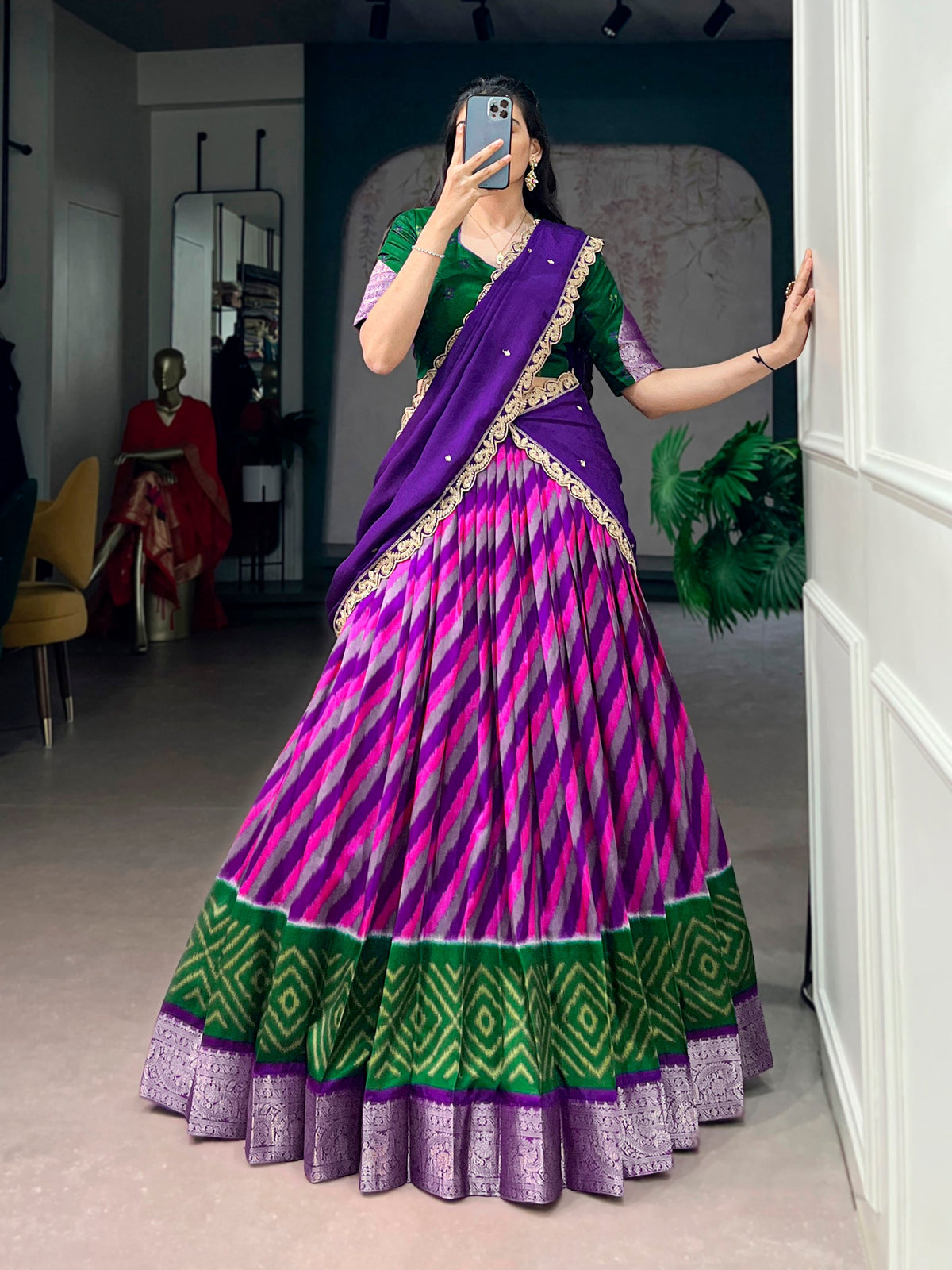 Lorenvalley Fashion Multicolor Tasar Silk Leheriya Print With Zari Weaving Work Lehenga Choli With Dupatta | Grocsy