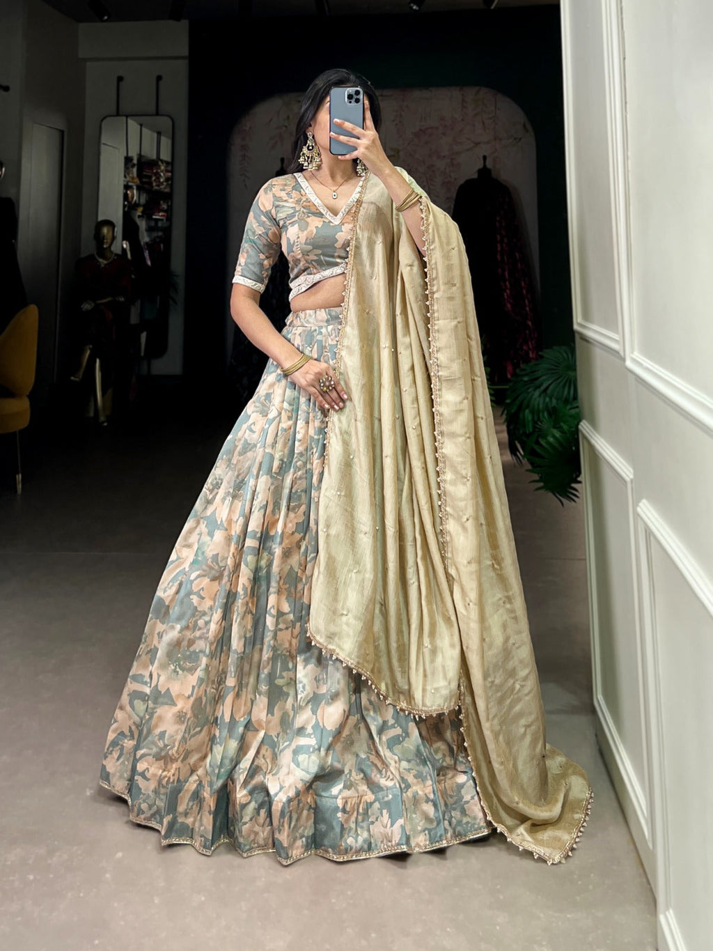Lorenvalley Seagreen Tussar Silk Printed with Lace Touch Up Lehenga Choli | Grocsy