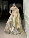 Lorenvalley Seagreen Tussar Silk Printed with Lace Touch Up Lehenga Choli | Grocsy