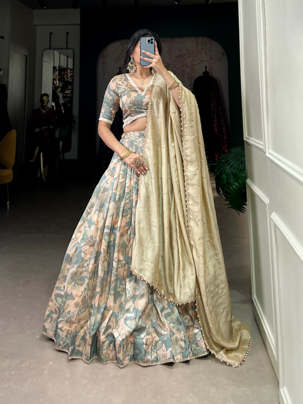 Lorenvalley Seagreen Tussar Silk Printed with Lace Touch Up Lehenga Choli | Grocsy
